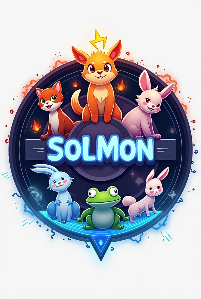 Design a circular logo for 'SOLMON - Solana Monsters' that encapsulates a playful yet powerful aesthetic, similar to the Pokémon style, with a focus on elemental-themed animals. The logo should prominently feature five stylized pets: a cat, dog, bull, frog, and rabbit. Each pet should embody a distinct elemental theme (e.g., fire, water, earth, air, electricity), and their design should reflect this through vibrant colors and dynamic poses.

The pets should be positioned around a central emblem that represents the 'Solana' theme, perhaps using a glowing orb or digital symbol. The pets can either encircle the emblem or be integrated into the design in a way that feels cohesive and balanced.

The circular border of the logo should have subtle textures or gradients reminiscent of digital or cosmic elements, enhancing the futuristic and magical vibe. The text 'SOLMON' should be prominently displayed within the circular design, using bold, rounded typography that is both friendly and adventurous.

Around the text and emblem, incorporate small details like digital sparks, stars, or waves to give the logo an otherworldly, magical vibe. Ensure the overall design is clean, balanced, and visually striking, making it easily recognizable and suitable for branding purposes."

This prompt will guide the creation of a circular logo that features the specific pets and integrates the elemental themes, while maintaining a modern and appealing style similar to Pokémon.