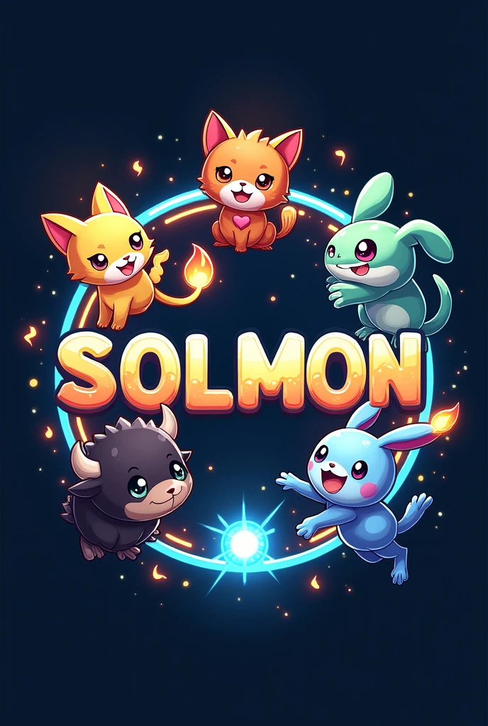 Design a circular logo for 'SOLMON - Solana Monsters' that encapsulates a playful yet powerful aesthetic, similar to the Pokémon style, with a focus on elemental-themed animals. The logo should prominently feature five stylized pets: a cat, dog, bull, frog, and rabbit. Each pet should embody a distinct elemental theme (e.g., fire, water, earth, air, electricity), and their design should reflect this through vibrant colors and dynamic poses.

The pets should be positioned around a central emblem that represents the 'Solana' theme, perhaps using a glowing orb or digital symbol. The pets can either encircle the emblem or be integrated into the design in a way that feels cohesive and balanced.

The circular border of the logo should have subtle textures or gradients reminiscent of digital or cosmic elements, enhancing the futuristic and magical vibe. The text 'SOLMON' should be prominently displayed within the circular design, using bold, rounded typography that is both friendly and adventurous.

Around the text and emblem, incorporate small details like digital sparks, stars, or waves to give the logo an otherworldly, magical vibe. Ensure the overall design is clean, balanced, and visually striking, making it easily recognizable and suitable for branding purposes."

This prompt will guide the creation of a circular logo that features the specific pets and integrates the elemental themes, while maintaining a modern and appealing style similar to Pokémon.