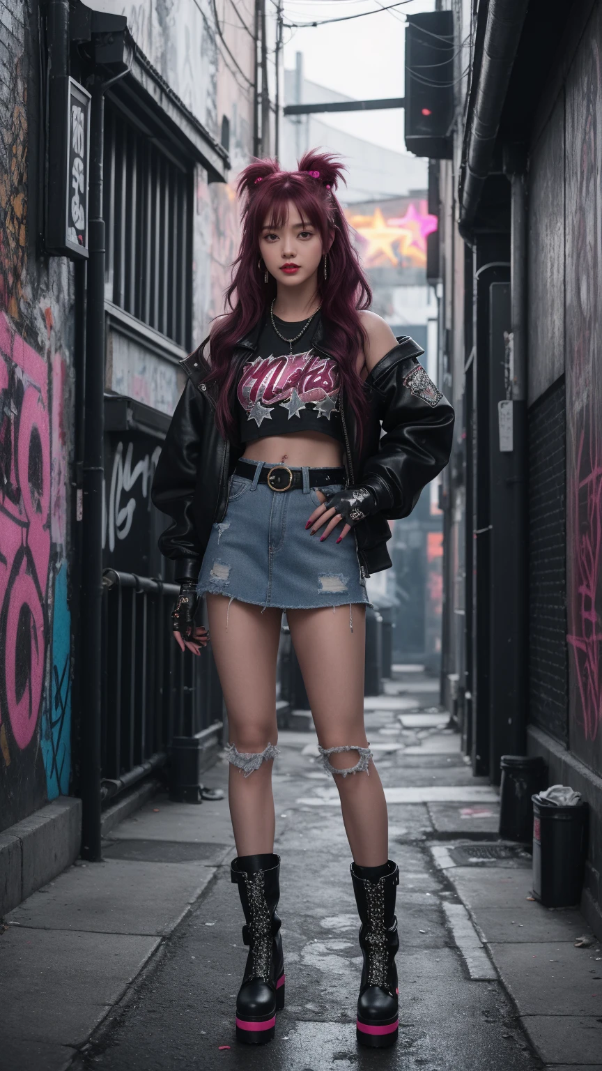 A girl posing in a grungy, neon-lit urban alleyway. Red maroon half hair, The girls wear edgy streetwear, jeans denim skirt, fur boots, glitter star hairclip, aesthetic top with fir on sleeves, pearls and stars belt, half finger gloves, The alleyway is dark and atmospheric, with graffiti-covered walls and glowing neon signs, grungy aesthetic, high angle, night, night