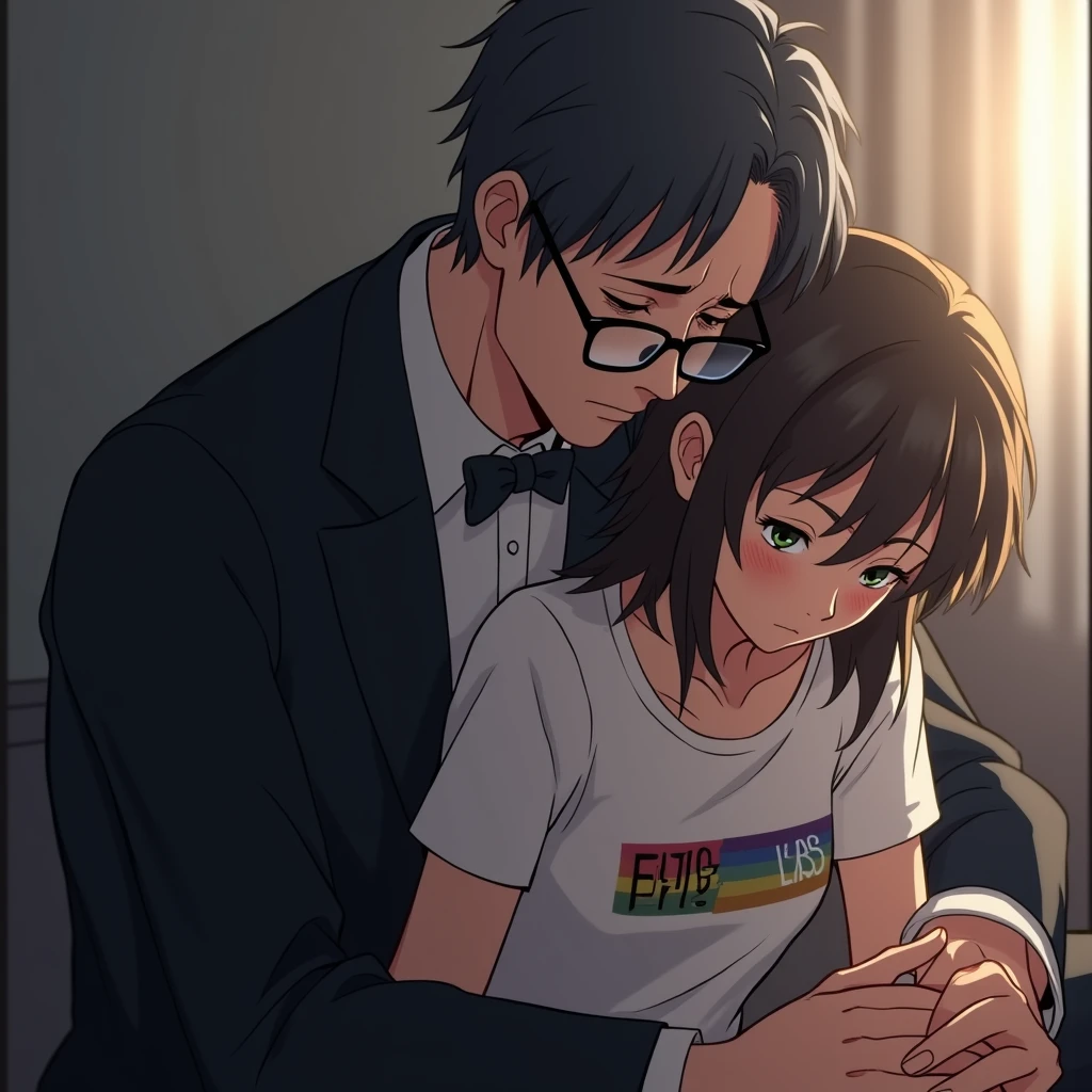  anime art: a 40-year-old male with dark fadeout hair and glasses, wearing tuxedo outfit , he's crouching down behind a sad 25 years old female wearing lgbt shirt. he's behind her. huggin. He's squatting down behind her