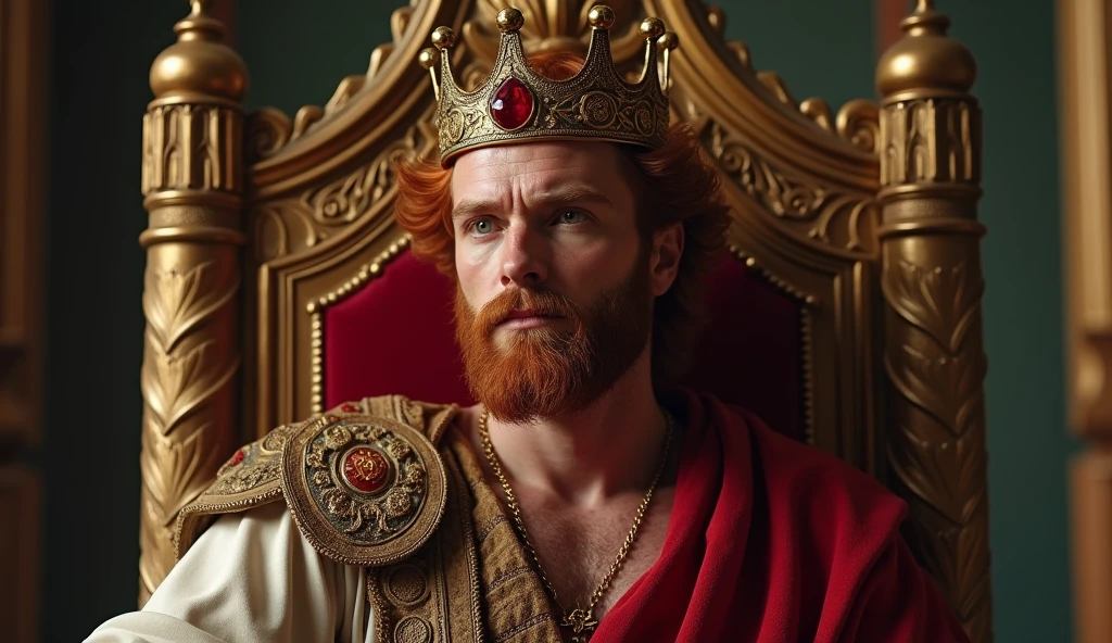 (best quality: 1.4), (Ultra Highres: 1.2), (photorealistic: 1.4), (8k, RAW photo: 1.2). The description of King David's physical appearance is not detailed in the biblical narrative, but her origin suggests that she probably had similar characteristics to other people in the region. He has good-looking red hair and a beard. Without historical-cultural context, the story of man with the appearance of a King, he wears a crown and king's clothes, he is in his palace, pensive on his throne