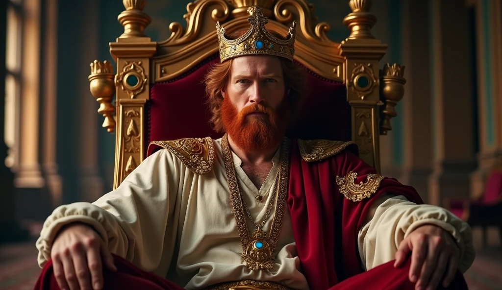 (best quality: 1.4), (Ultra Highres: 1.2), (photorealistic: 1.4), (8k, RAW photo: 1.2). The description of King David's physical appearance is not detailed in the biblical narrative, but her origin suggests that she probably had similar characteristics to other people in the region. He has good-looking red hair and a beard. Without historical-cultural context, the story of man with the appearance of a King, he wears a crown and king's clothes, he is in his palace, pensive on his throne