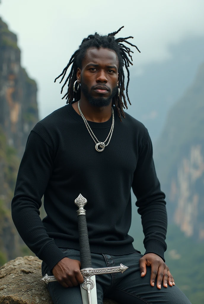 Create an image of a 19 year old young black male he is wearing a black cacharrel sweater and is sitting on a rock and is holding a sword he is wearing silver earrings and necklace he is wearing dreadlocks 

