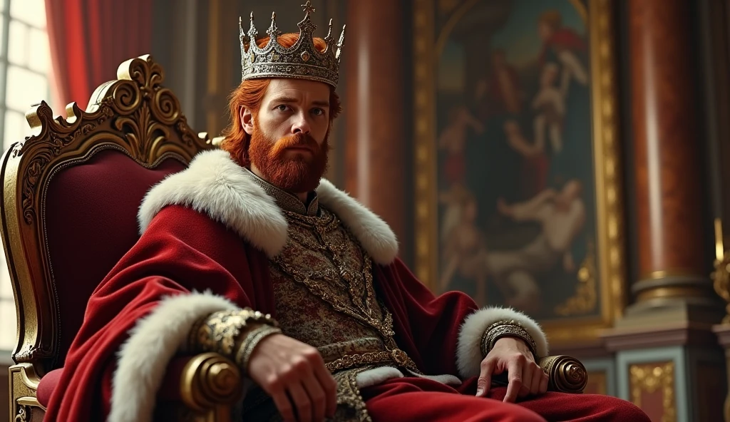 (best quality: 1.4), (Ultra Highres: 1.2), (photorealistic: 1.4), (8k, RAW photo: 1.2). The description of King David's physical appearance is not detailed in the biblical narrative, but her origin suggests that she probably had similar characteristics to other people in the region. He has good-looking red hair and a beard. Without historical-cultural context, the story of man with the appearance of a King, he wears a crown and king's clothes, he is in his palace, pensive on his throne