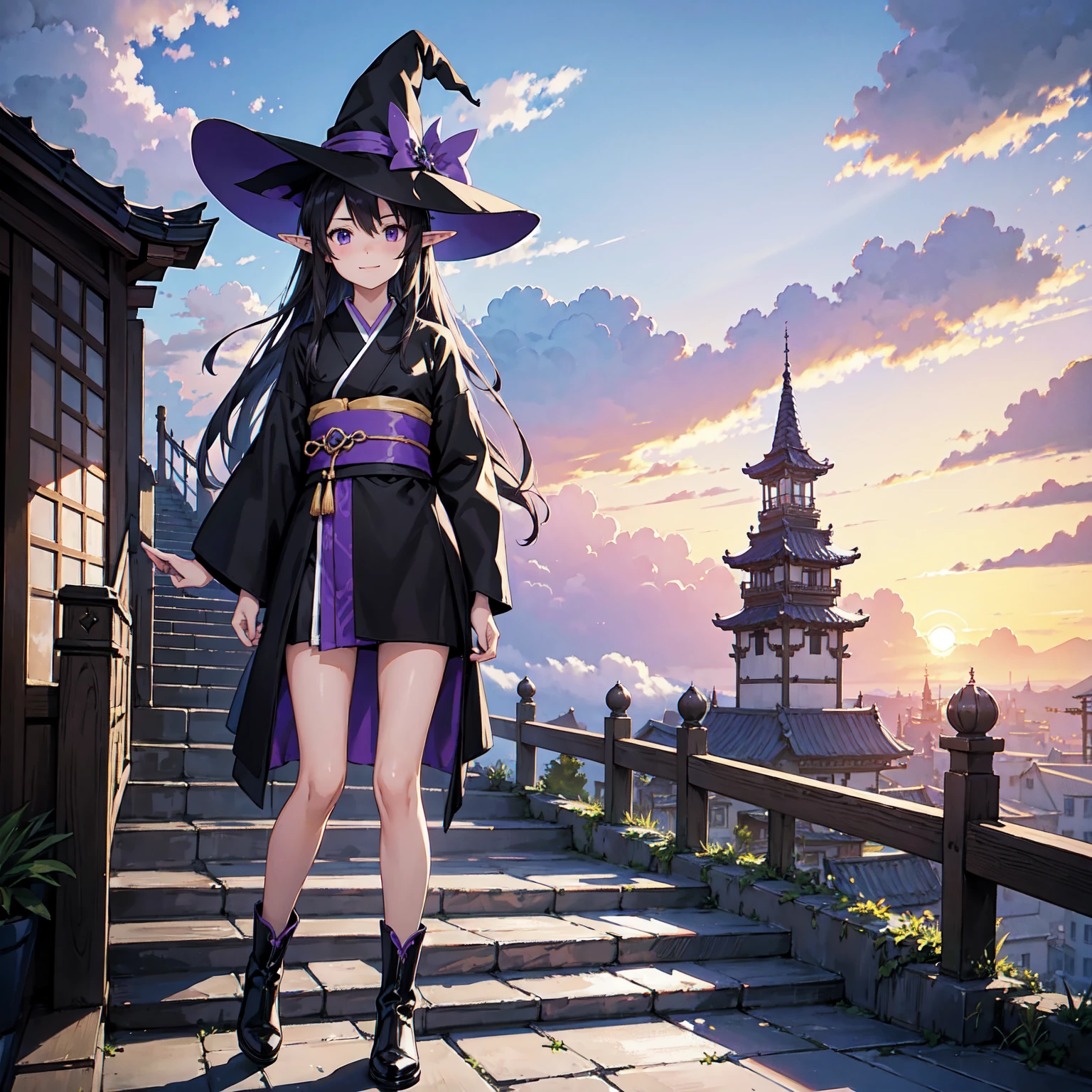 A girl with long purplish hair. A kind, full smile. Pointy elf ears. Her clothes are simple: a black robe with wide sleeves and a black miniskirt. Her knees are showing. There is a V-shaped white insert in the front, like a kimono. A witch's hat with purple ribbons on each side. Black boots. Background, bright painting, Makoto Shinkai, only endless stairs, long floating stairs, floating stairs in the air, stairs above clouds, illustration, nostalgic, vivid, above clouds, bright, fresh, sunset. A maze of connected stairs. Staircase labyrinth. Not touching land.