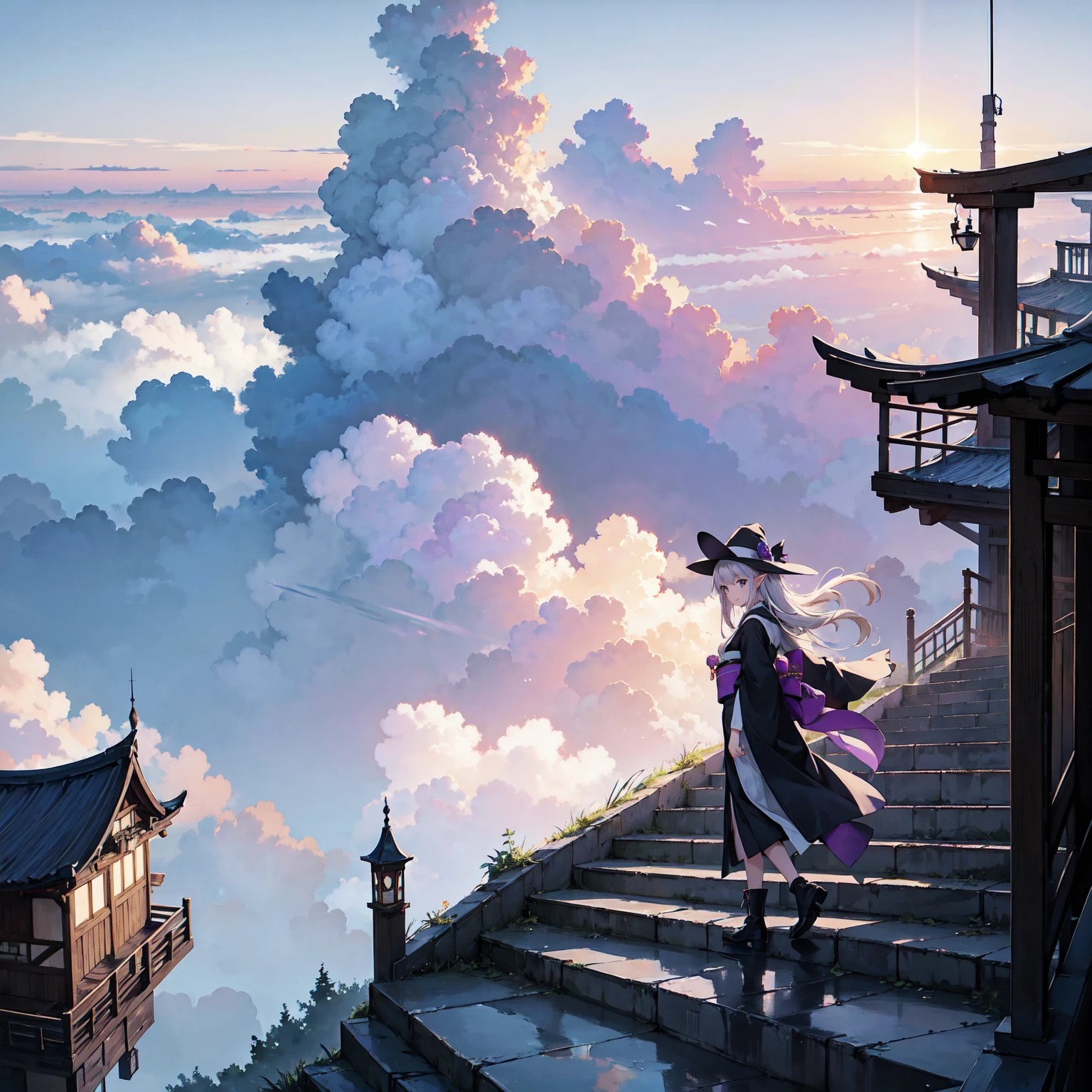 A girl with long purplish hair. A kind, full smile. Pointy elf ears. Her clothes are simple: a black robe with wide sleeves and a black miniskirt. Her knees are showing. There is a V-shaped white insert in the front, like a kimono. A witch's hat with purple ribbons on each side. Black boots. Background, bright painting, Makoto Shinkai, only endless stairs, long floating stairs, floating stairs in the air, stairs above clouds, illustration, nostalgic, vivid, above clouds, bright, fresh, sunset. A maze of connected stairs. Staircase labyrinth. Not touching land.