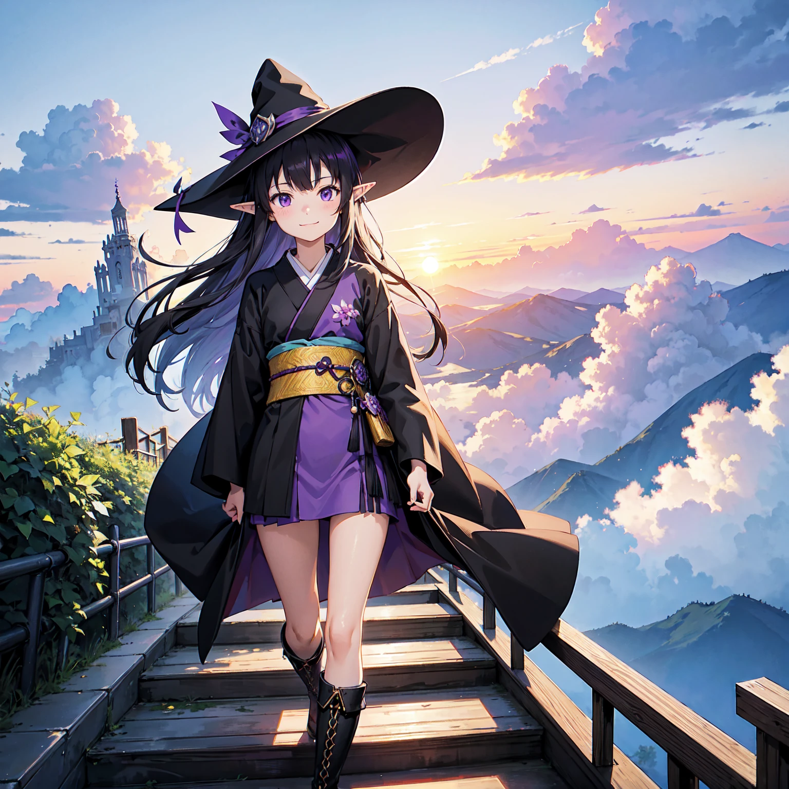 A girl with long purplish hair. A kind, full smile. Pointy elf ears. Her clothes are simple: a black robe with wide sleeves and a black miniskirt. Her knees are showing. There is a V-shaped white insert in the front, like a kimono. A witch's hat with purple ribbons on each side. Black boots. Background, bright painting, Makoto Shinkai, only endless stairs, long floating stairs, floating stairs in the air, stairs above clouds, illustration, nostalgic, vivid, above clouds, bright, fresh, sunset. A maze of connected stairs. Staircase labyrinth. Not touching land.