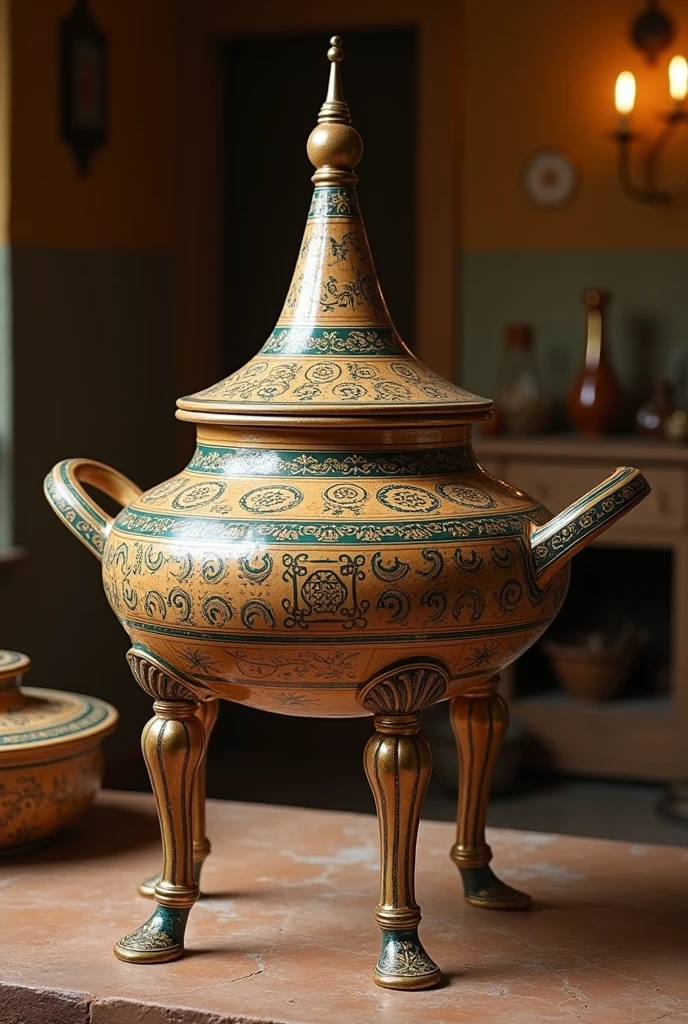 Large couscous pot with thin top and two thin legs at the bottom

