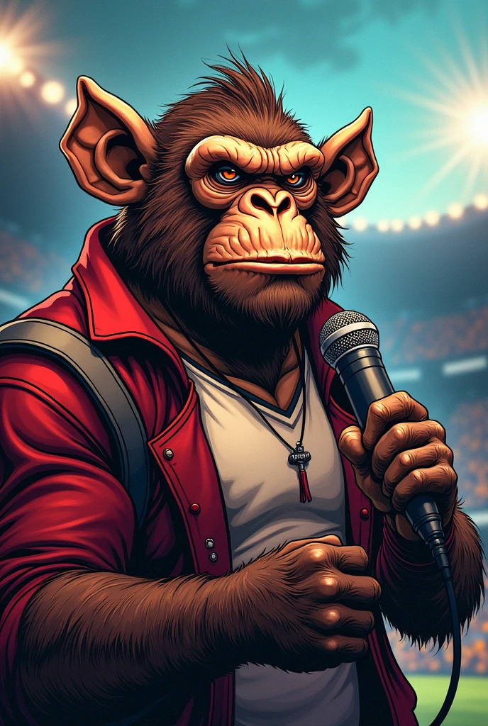 Comic style illustration of a tough monkey announcer