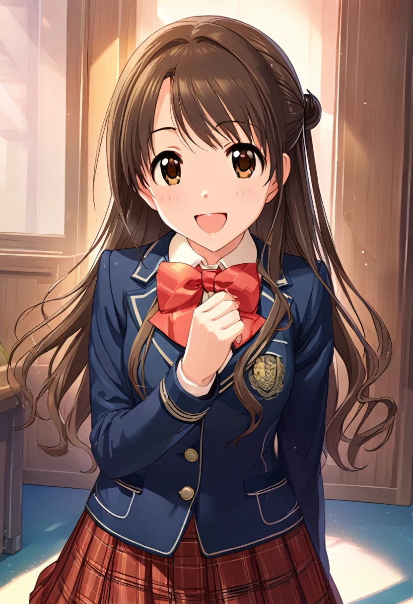 (masterpiece),(Highest quality),(Very detailed),(Best illustrations),(Best Shadow),(Absurd),(Detailed Background),(so beautiful),uzuki shimamura, Default attire, One person, alone, Long Hair, Brown Hair, Brown eyes, school uniform, Open your mouth, smile, Jacket, blazer, Portraiture ，Spread your legs,