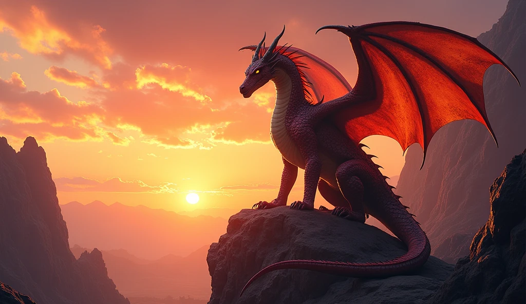 Sunset in the background,Detail of a dragon on a rock