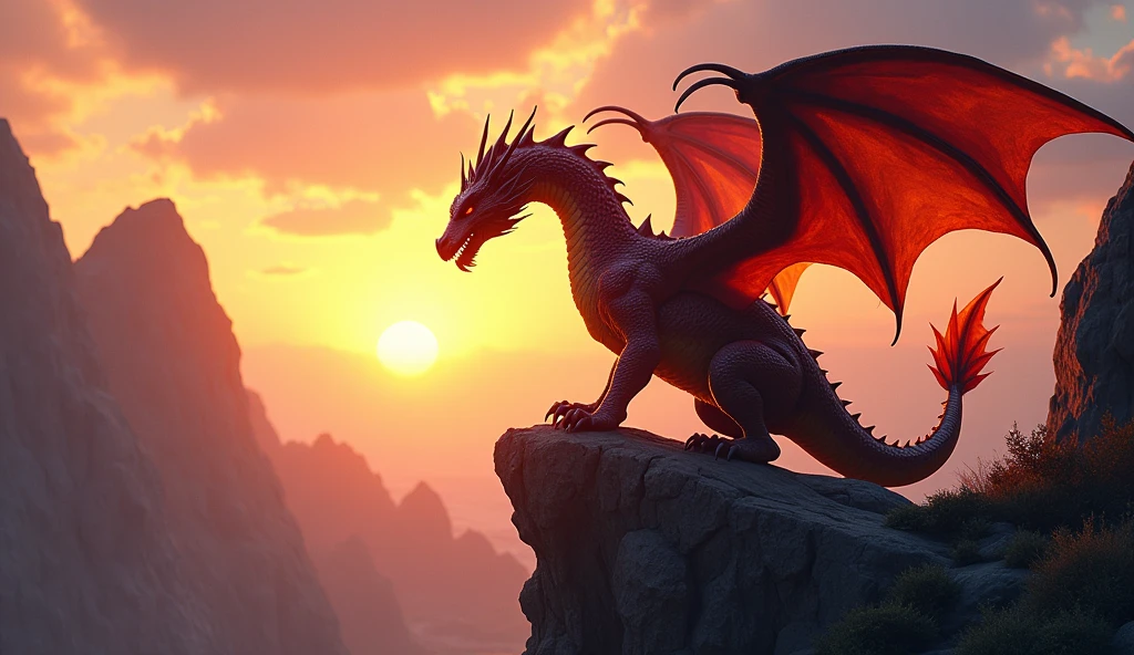 Sunset in the background,Detail of a dragon on a rock
