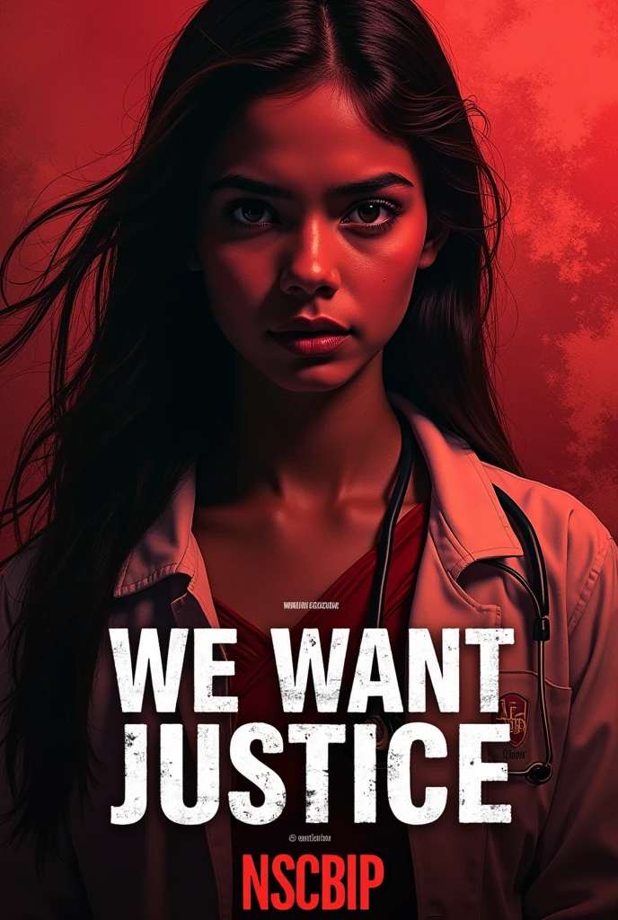 Make a poster on RG kar medical College and hospital against brutality raped and murder case on duty lady doctor. Headlines will be " WE WANT JUSTICE " and given bellow my college name "NSCBIP" poster will be bloody.