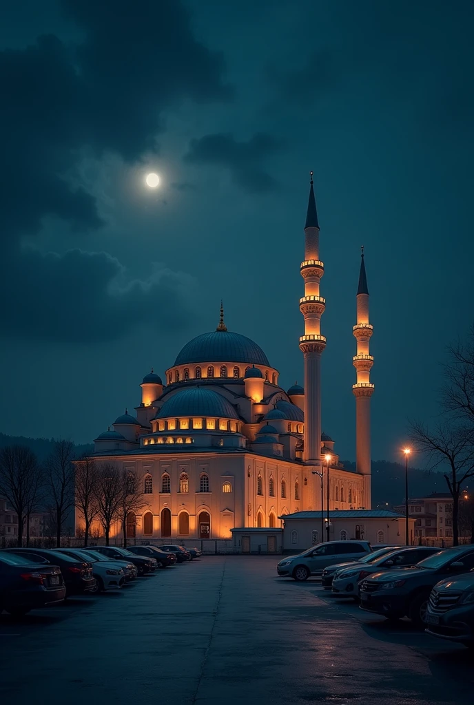 A Turkey mosque in night having a civic parking in front of it. Image should not be so bright.Sky should be dark. Image should be in landscape 16:9 