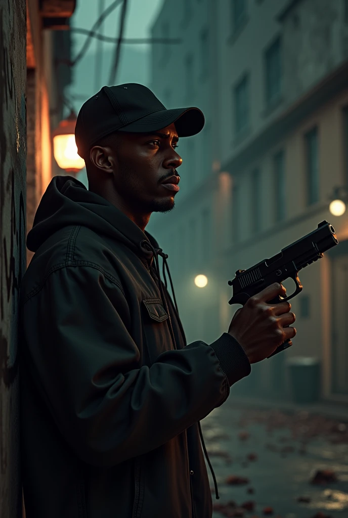 Skinny black man in cap (sweet do GTA)
Talking with a gun in hand