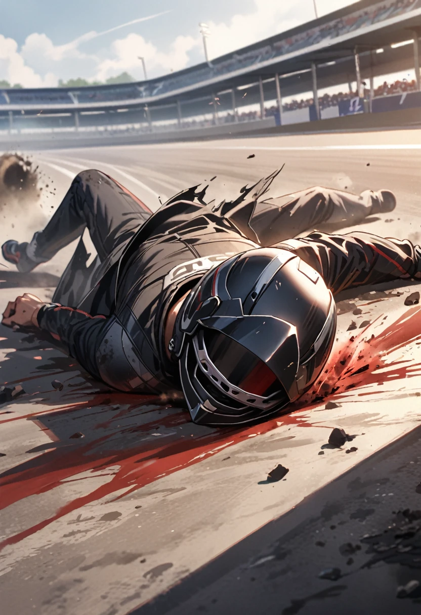 Male black racer, black torn clothes, black helmet, lies on the asphalt, blood, dust, crashed, race track