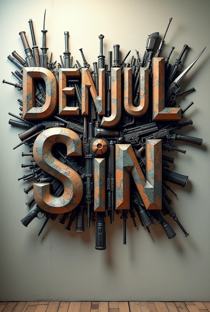 There is a white fantasy title "Denjul Sin" written on the wall that is made of weapons and guns. A realistic, 3D, aesthetic, and fantasy poster.