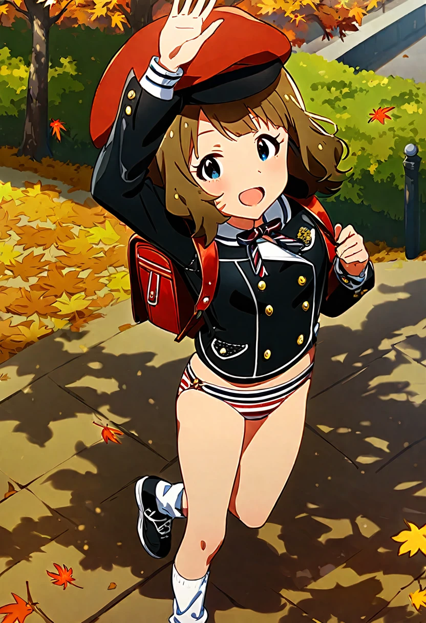 masterpiece, best quality, very aesthetic, absurdres, 1girl, suou momoko, bikini, millimas, white legwear, light brown hair, smile, looking at viewer, bag, open mouth, hat, blue eyes, blush, arm up, eyebrows visible through hair, socks, standing on one leg, hand up, striped, beret, short hair, holding strap, red headwear, :d, black ribbon, brown hair, neck ribbon, backpack, shoes, standing, randoseru, black footwear, white socks, leg up, ribbon, solo, diagonal-striped neck ribbon, hat ribbon, outdoors, park, autumn leaves, wind, autumn, Black Leather Jacket