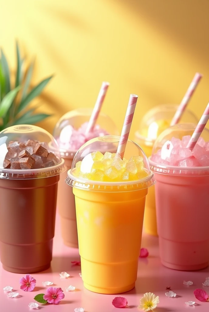 8 plastic transparent cup, size 32 oz, with Dome lid, each cup contain different drink, all drink packed with full of ice
Number 1 drinks :chocolate milk flavour 
Number 2 drinks: pinky strawberry milk flavour
Number 3 drinks: vanilla milk flavours
Number 4 drinks: taro purple milk flavours
Number 5 drinks: mocha with milk lavour 
Number 6 drinks: coffe latte  milk flavour 
Number 7 drinks : yellow corn  milk flavour
Number 8 drinks: mango milk flavour 
HD, realistic, 8k,landsape, landscape mode, background cheerful theme, show all 8 types drinks one by one, all drinks are packed with full of cube ice, inspired by tea kocok brand drink 