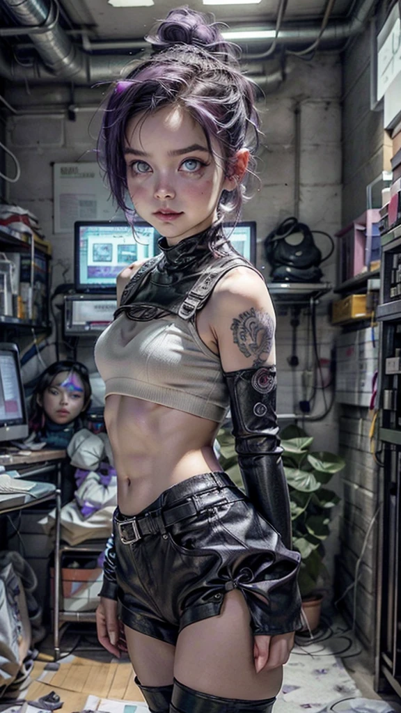A hot cute young woman dressed in sexy cyberpunk clothes, facing camera, a little smile, standing in front of a wall of computers, intricate designs, Smokey room, Celtic tribal tattoos, ((purple eye iris, flat chested, toned abs, baby face)), (intense colors), undercut purple hair with ponytail, cyberpunk background, dressed in cyberpunk leather clothes, cameltoe showing, puffy vulva