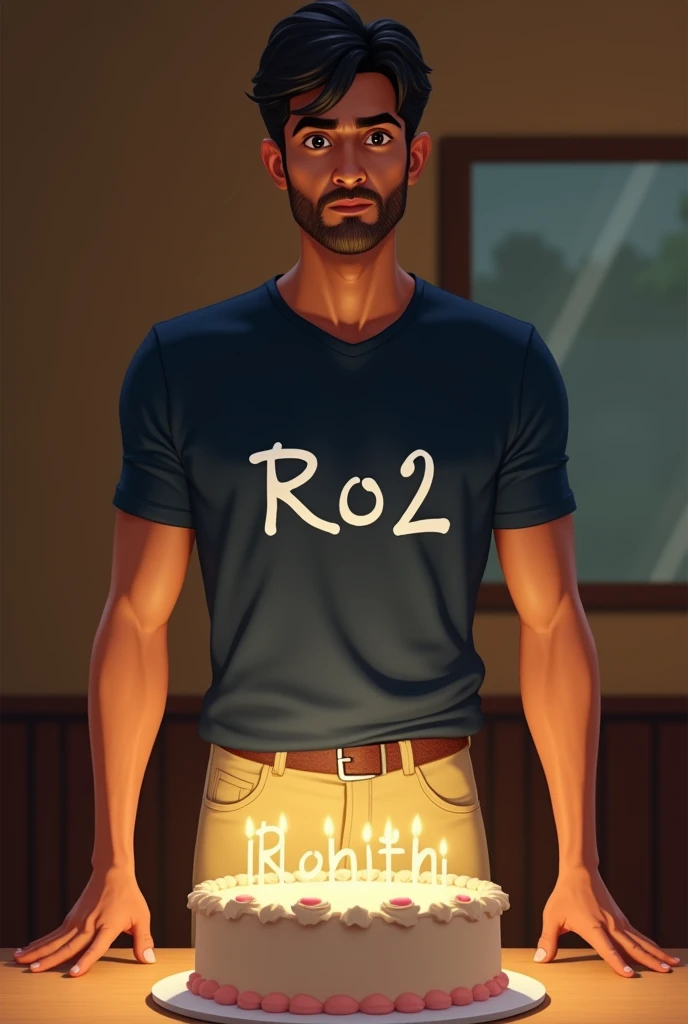 A fair indian gentle man stand back a table, which has birthday cake named "Rohith". The boy were a navy blue t shirt and butter colour jeans. T shirt named "Ro2".
