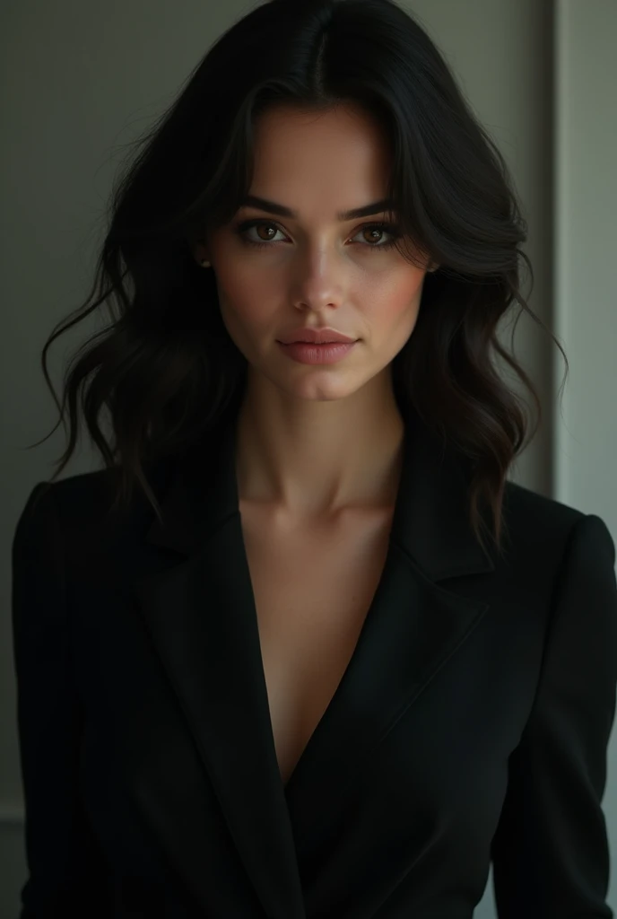 A woman wearing a black formal top with a wavy black hair