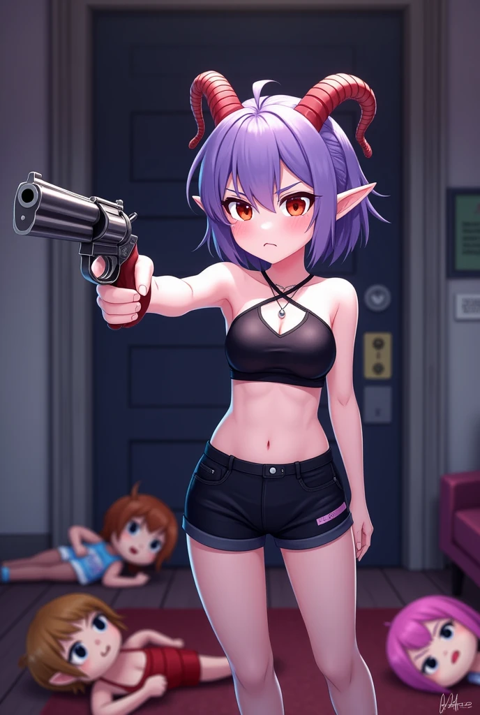create a roblox style masterpiece , colorful and striking of a vermeil style girl but with white skin, with small ram horns, short purple hair, Red eyes, Elf&#39;s ears, A totally black halterneck bra top that covers the stomach and black shorts with stockings. serious expression, doubt, place the game of murder mystery 2 trying to aim at the murderer with a revolver and avoiding being stabbed with a knife by the murderer who is the other player, inside a house with other players lying on the floor
