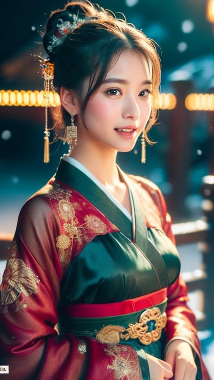(1 girl, youthful gorgeous Lady,  brown_eyes, brown_hair, cross_earrings, earrings, jewellery, Ancient China, Traditional Hanfu, Silk Hanfu, Hanfu, natural pose in a snowy night,  

Detailed Beautiful face, Detailed Facial Features, beautiful eyes, dimples, snaggle-tooth, Kind smile, Red lips, short hair, bob hair, cute ponytail, extremely detailed eyes,  extremely detailed face, beautiful detailed lips, long eyelashes, arms close together, ears out, golden ratio face, golden ratio body, perfect ????????????, huge breasts, big breasts, 

(SNOW:1.3),
Night outdoors,  snow flakes, snow, winter,
(best quality, 4K, 8k, highres, masterpiece:1.2), ultra-detailed, (realistic, photorealistic, photo-realistic:1.37), HDR, UHD, sun light, ultra-fine painting, sharp focus, physically-based rendering, extreme detail description,  professional, Vivid Colours, award-winning, Bokeh_Background, cowboy_shot, SFW, Safe for Work)