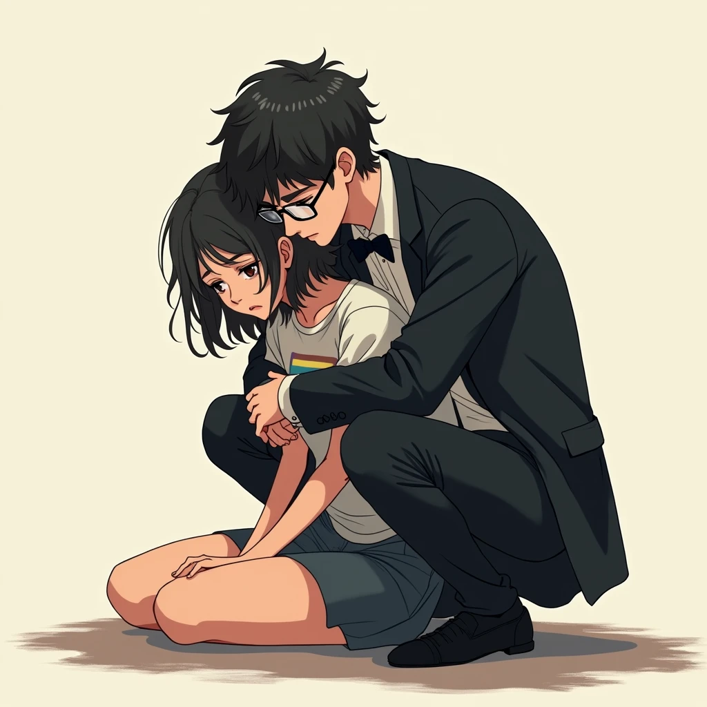  anime art: a 40-year-old male with dark fadeout hair and glasses, wearing tuxedo outfit , he's crouching down behind a sad female wearing lgbt shirt. he's behind her. huggin. He's squatting down behind her