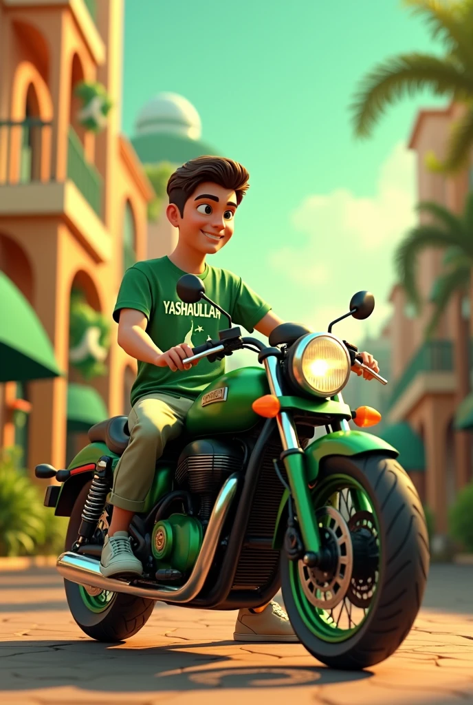 35mm film photography, Create a 3D illustration of an animated boy character sitting on a motorcycle matching the color and design of Pakistan Independence Day and wearing a green shirt with name HUZAIFA The character must wear casual modern clothing such as jeans and sneakers shoes. The background of the image is a independence day of Pakistan, high detail, gold glow bright green color palette, light green hour glow