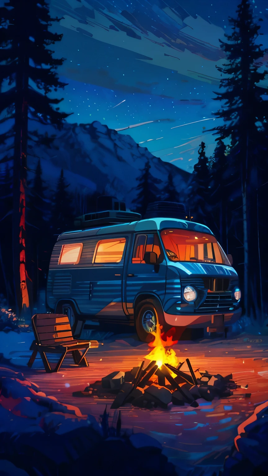 a camper van parked next to a fire pit, night, animation illustrative style, beautiful digital illustration, stunning digital illustration, ( ( ( ( ( dan mumford ) ) ) ) ), featured on illustrationx, dribbble illustration, beautiful retro art, wonderful compositions, camping, scenery art detailed, in the style dan mumford artwork, simon stålenhag color scheme