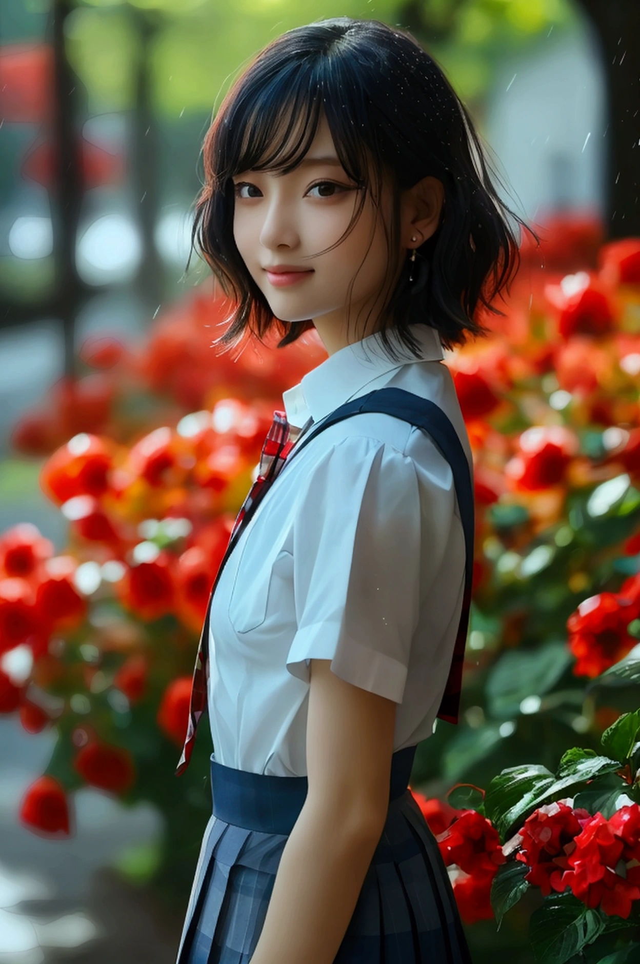 (8k, Photorealistic, Raw photo, Highest quality: 1.4),Japanese idol-style beautiful girl,1 person,,(Short Bob),(Black),She has her hair tucked behind her ears,Clear grey eyes,Long eyelashes,(piercings(small)),(Lip gloss),lips(Plump,glossy),Skin that is as white and smooth as translucent porcelain,Thin and delicate shoulders,thin abdomen,School uniforms((blouse(White,Short sleeve)),(Pleated skirt(Plaid)),(socks(Dark blue))),(loafers),summer,On the way home from school,it&#39;s raining,She is holding a red umbrella,(Holding the handle of an umbrella with both hands: 1.1),She is standing in front of many hydrangeas.,(Smiling at the camera),(Front view: 1.2),(Full body portrait: 1.4))