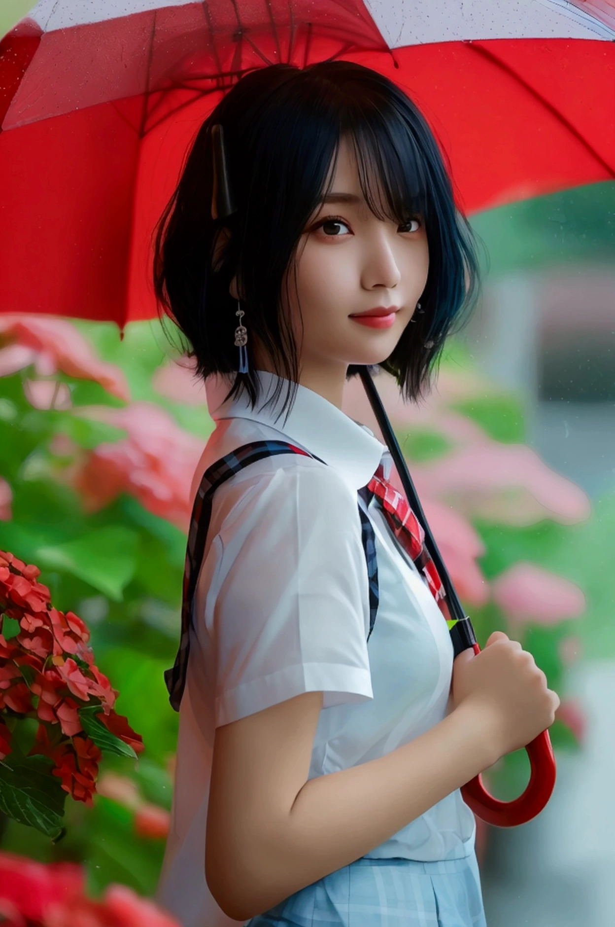 (8k, Photorealistic, Raw photo, Highest quality: 1.4),Japanese idol-style beautiful girl,1 person,,(Short Bob),(Black),She has her hair tucked behind her ears,Clear grey eyes,Long eyelashes,(piercings(small)),(Lip gloss),lips(Plump,glossy),Skin that is as white and smooth as translucent porcelain,Thin and delicate shoulders,thin abdomen,School uniforms((blouse(White,Short sleeve)),(Pleated skirt(Plaid)),(socks(Dark blue))),(loafers),summer,On the way home from school,it's raining,She is holding a red umbrella,(Holding the handle of an umbrella with both hands: 1.1),She is standing in front of many hydrangeas.,(Smiling at the camera),(Front view: 1.2),(Full body portrait: 1.4))