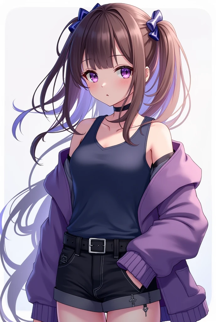 A teenage girl.This hair is brown,et au bout violet,she has bangs.elle a des yeux violets et beau.
She is wearing a dark blue tank top with a purple sweater underneath.,elle a un short noir et des bottes noir et violet.
She is beautiful and calm.