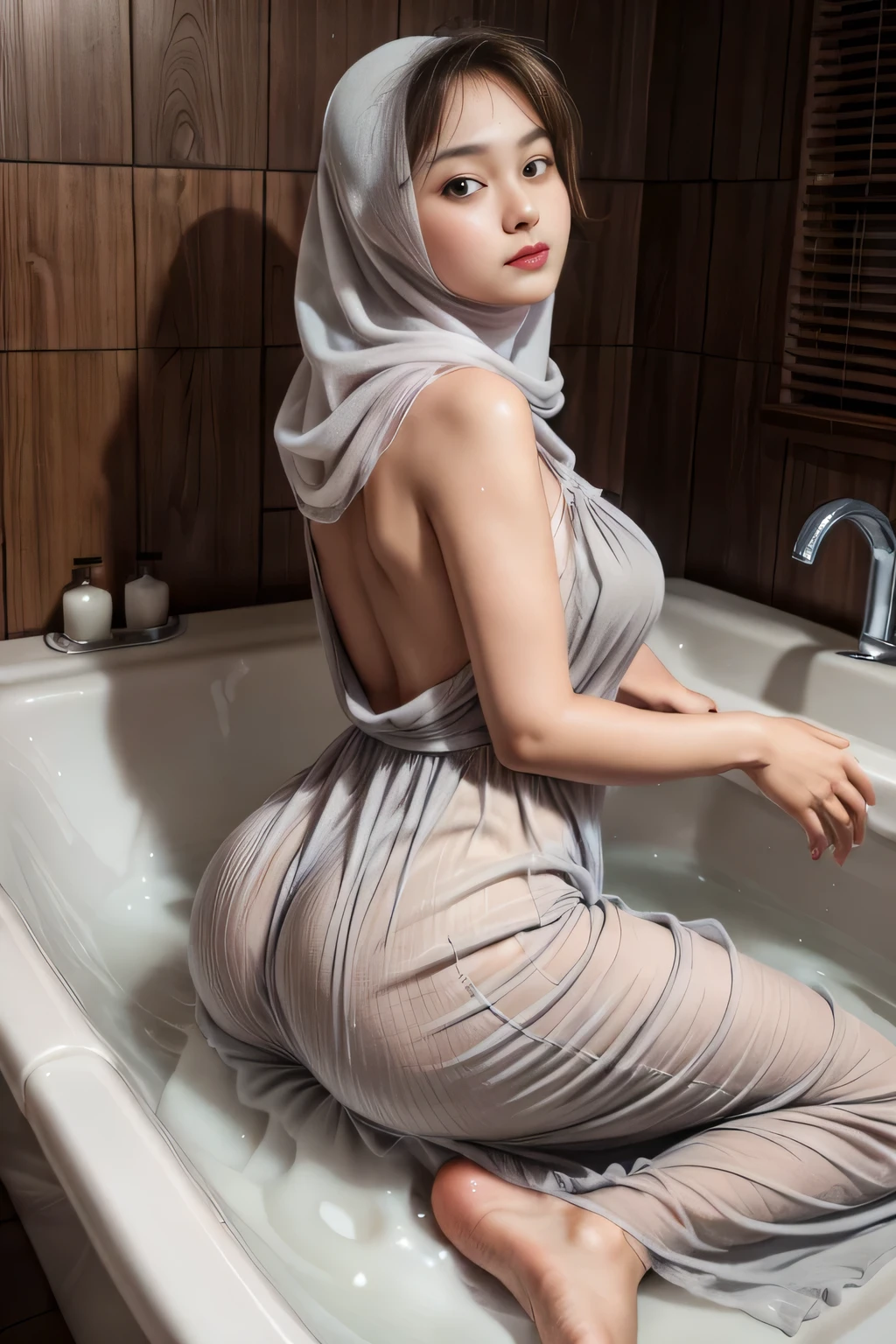 RAW, Best quality, high resolution, work: 1.3), Beautiful Indonesian girl wear hijab, indonesian hijab teen, Highly detailed CG Unity 8k wallpaper, top quality, super detailed, masterpiece, realistic, photorealistic, highly detailed cute girl, 15 years old, full body shot, potrait, bathroom detailed,sweaty skin, blush, parted lips, round eyes , ((erect, emerge, streak)), (( tight thighs, protruding buttock)), (the contour of the legs clearly visible ), cute face detailed, Laying down in bathtub, seductive, erotic, fat arms, ((wearing light grey chiffon maxi dress)), erotic, looking seductively, covering your breast with hand, soft smile, plump body, curvy body shape, body lighting, looking at camera, long shirt, rear view, buttocks facing at camera, the contour of lower body clearly visible, buttocks showing, buttocks emphasize, buttocks shot, protruding buttocks, accentuate your buttocks