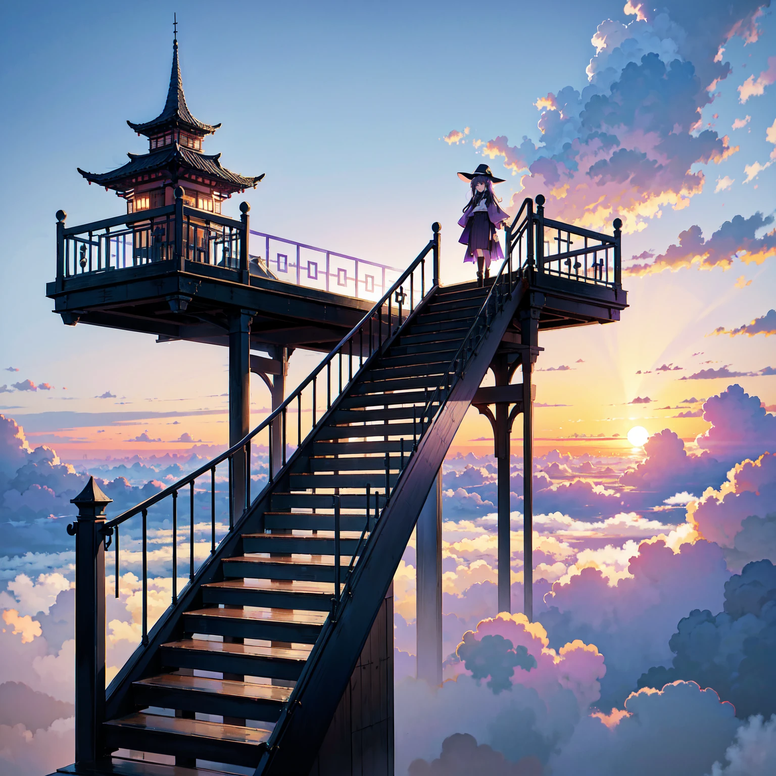 A girl with long purplish hair. A kind, full smile. Pointy elf ears. Her clothes are simple: a black robe with wide sleeves and a black miniskirt. Her knees are showing. There is a V-shaped white insert in the front, like a kimono. A witch's hat with purple ribbons on each side. Black boots. Background, bright painting, Makoto Shinkai, only endless stairs, long floating stairs, floating stairs in the air, stairs above clouds, illustration, nostalgic, vivid, above clouds, bright, fresh, sunset. A maze of connected stairs. Staircase labyrinth. Not touching land. A simple iron staircase. An old, decaying staircase.