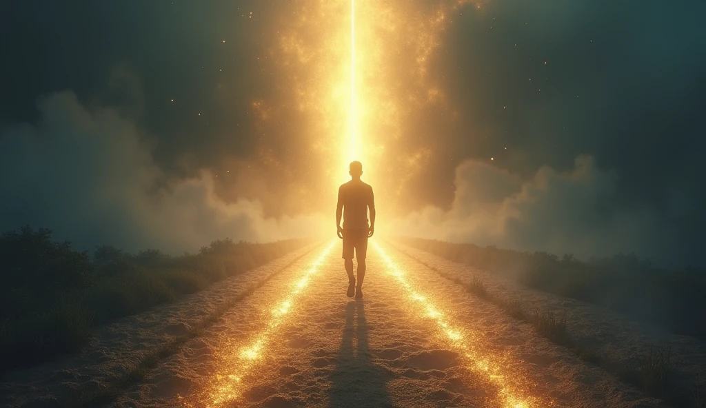 "A person standing at a crossroads, ready to make a crucial decision with the guidance of divine revelation. The scene is charged with anticipation, with elements like a glowing path or a distant light symbolizing the right choice. The mood is one of resolve and divine clarity."
