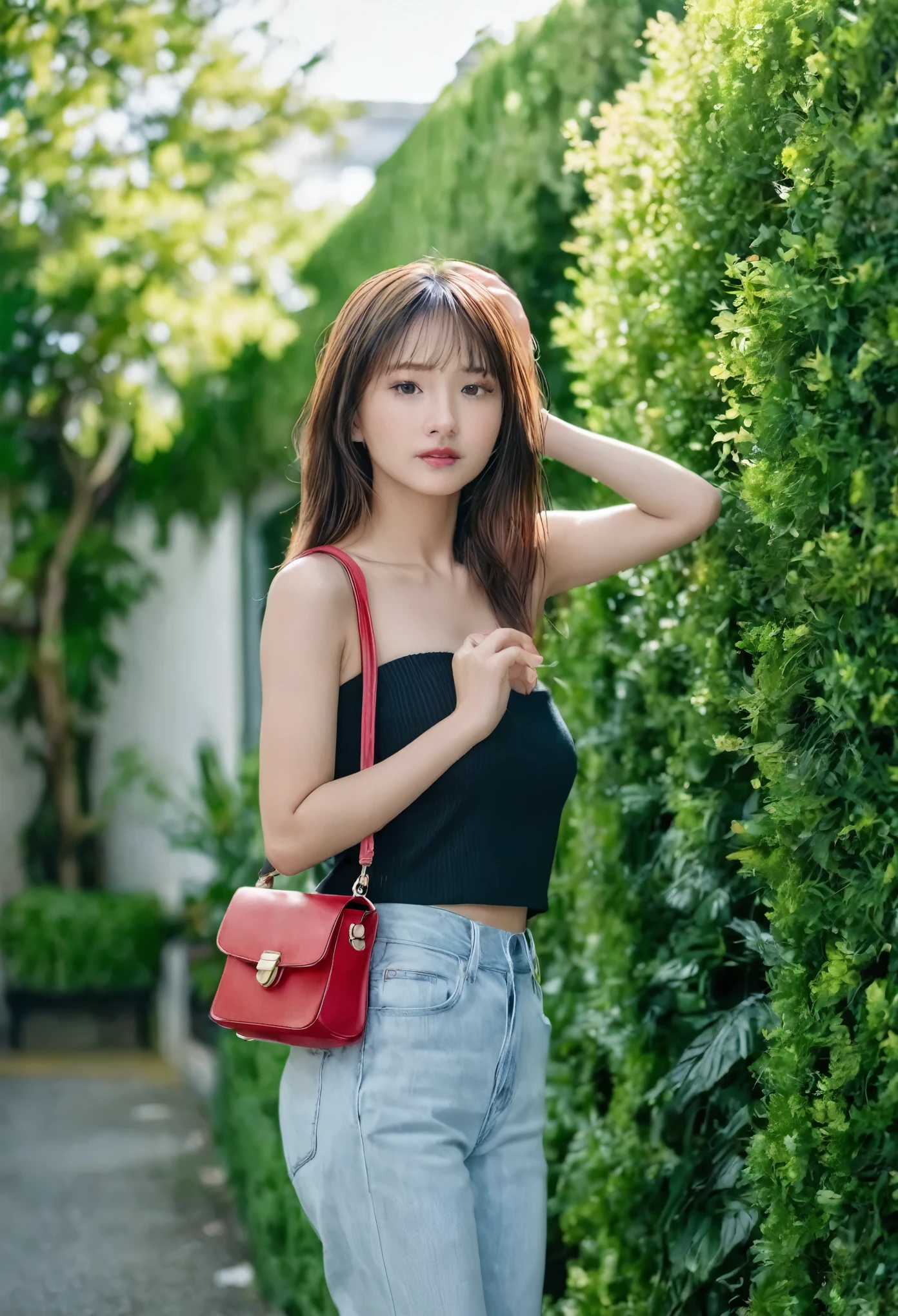 MIKI, Ultra Realistic, Candid Shot, 19yo Girl, black crop top and baggy light blue jeans,Sony Alpha a7 III taken Photography, using a wide aperture (f/2.8 or f/3.5),, posing outdoors in front of a lush green hedge. She is holding a red handbag The shot is captured from a slightly low angle, confident and relaxed pose. The camera is positioned at a mid-range distance, creating a balanced composition that includes both the subject and the background. The lighting is natural, with soft sunlight casting gentle shadows, highlighting her face and outfit without harsh contrasts.