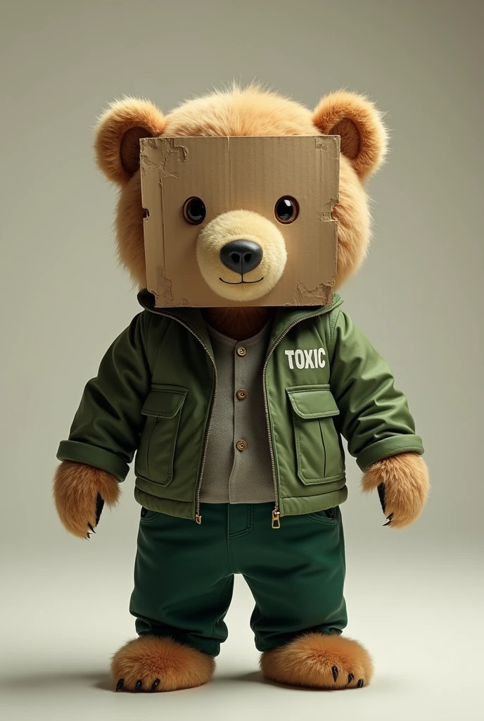 I WANT you to take a picture of a cute bear with a cardboard head that is at war with a light green jacket that says toxic and dark green pants