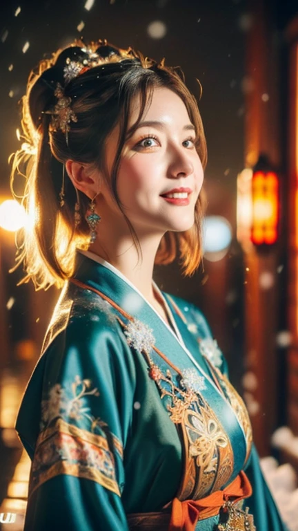 (1 girl, youthful gorgeous Lady, brown_eyes, brown_hair, cross_earrings, earrings, jewellery, Ancient China, Traditional Hanfu, Silk Hanfu, Hanfu, natural pose in a snowy night,
Detailed Beautiful face, Detailed Facial Features, beautiful eyes, dimples, snaggle-tooth, Kind smile, Red lips, short hair, bob hair, cute ponytail, extremely detailed eyes, extremely detailed face, beautiful detailed lips, long eyelashes, arms close together, ears out, golden ratio face, golden ratio body, perfect body anatomy, huge breasts, big breasts,
(SNOW:1.3),
Night outdoors, snow flakes, snow, winter,
(best quality, 4K, 8k, highres, masterpiece:1.2), ultra-detailed, (realistic, photorealistic, photo-realistic:1.37), HDR, UHD, sun light, ultra-fine painting, sharp focus, physically-based rendering, extreme detail description, professional, vivid colors, award-winning, bokeh, cowboy_shot, SFW, Safe for Work)