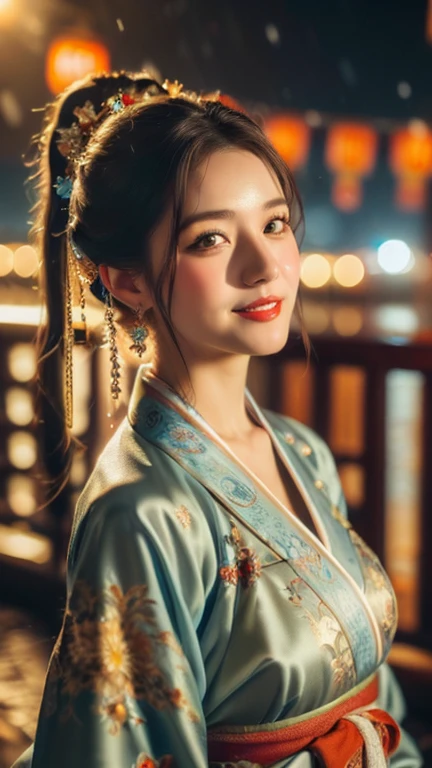 (1 girl, youthful gorgeous Lady, brown_eyes, brown_hair, cross_earrings, earrings, jewellery, Ancient China, Traditional Hanfu, Silk Hanfu, Hanfu, natural pose in a snowy night,
Detailed Beautiful face, Detailed Facial Features, beautiful eyes, dimples, snaggle-tooth, Kind smile, Red lips, short hair, bob hair, cute ponytail, extremely detailed eyes, extremely detailed face, beautiful detailed lips, long eyelashes, arms close together, ears out, golden ratio face, golden ratio body, perfect body anatomy, huge breasts, big breasts,
(SNOW:1.3),
Night outdoors, snow flakes, snow, winter,
(best quality, 4K, 8k, highres, masterpiece:1.2), ultra-detailed, (realistic, photorealistic, photo-realistic:1.37), HDR, UHD, sun light, ultra-fine painting, sharp focus, physically-based rendering, extreme detail description, professional, vivid colors, award-winning, bokeh, cowboy_shot, SFW, Safe for Work)