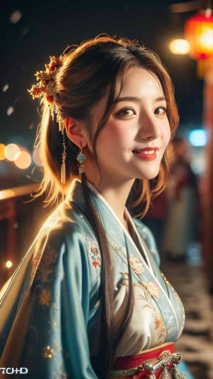 (1 girl, youthful gorgeous Lady, brown_eyes, brown_hair, cross_earrings, earrings, jewellery, Ancient China, Traditional Hanfu, Silk Hanfu, Hanfu, natural pose in a snowy night,
Detailed Beautiful face, Detailed Facial Features, beautiful eyes, dimples, snaggle-tooth, Kind smile, Red lips, short hair, bob hair, cute ponytail, extremely detailed eyes, extremely detailed face, beautiful detailed lips, long eyelashes, arms close together, ears out, golden ratio face, golden ratio body, perfect body anatomy, huge breasts, big breasts,
(SNOW:1.3),
Night outdoors, snow flakes, snow, winter,
(best quality, 4K, 8k, highres, masterpiece:1.2), ultra-detailed, (realistic, photorealistic, photo-realistic:1.37), HDR, UHD, sun light, ultra-fine painting, sharp focus, physically-based rendering, extreme detail description, professional, vivid colors, award-winning, bokeh, cowboy_shot, SFW, Safe for Work)