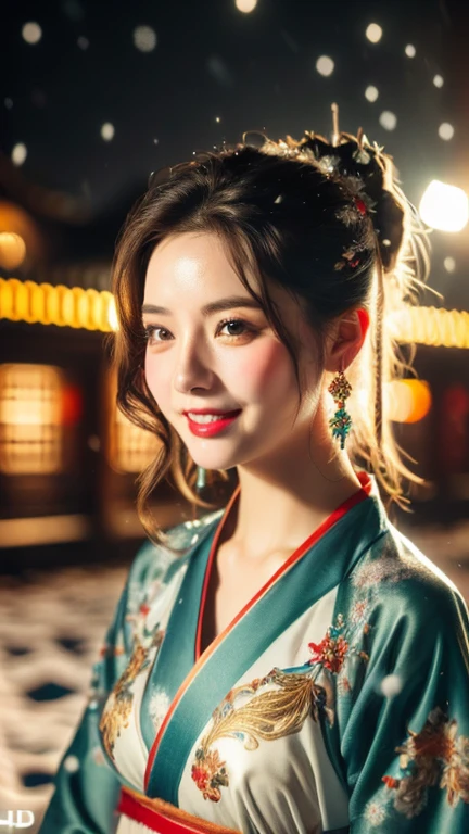 (1 girl, youthful gorgeous Lady, brown_eyes, brown_hair, cross_earrings, earrings, jewellery, Ancient China, Traditional Hanfu, Silk Hanfu, Hanfu, natural pose in a snowy night,
Detailed Beautiful face, Detailed Facial Features, beautiful eyes, dimples, snaggle-tooth, Kind smile, Red lips, short hair, bob hair, cute ponytail, extremely detailed eyes, extremely detailed face, beautiful detailed lips, long eyelashes, arms close together, ears out, golden ratio face, golden ratio body, perfect body anatomy, huge breasts, big breasts,
(SNOW:1.3),
Night outdoors, snow flakes, snow, winter,
(best quality, 4K, 8k, highres, masterpiece:1.2), ultra-detailed, (realistic, photorealistic, photo-realistic:1.37), HDR, UHD, sun light, ultra-fine painting, sharp focus, physically-based rendering, extreme detail description, professional, vivid colors, award-winning, bokeh, cowboy_shot, SFW, Safe for Work)