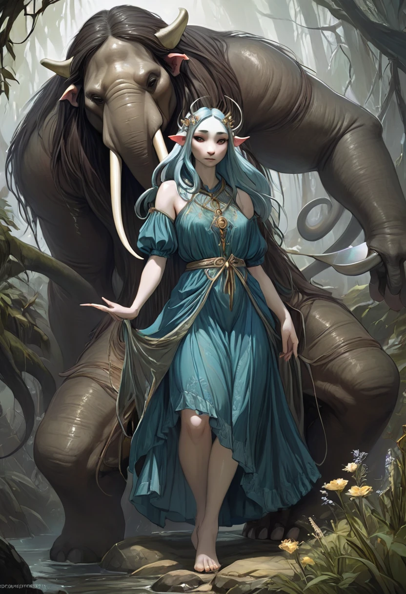 Brian Froud Inspired Beautiful Humanoid Creature. Cross Between A Wholly Mammoth And A walrus. femenine. Friendly And Inviting Looking. Exudes Good And Kindness. Wearing A 1920 Dress. Official Art, Award Winning Digital Painting, Digital Illustration, Extreme Detail, 4k, Ultra Hd, Rococo, Polished, Intricate, Realistic Fantasy Art, Sharp Focus, Concept Art, Art By Wlop, Artgerm, (2d Vector Illustration)
