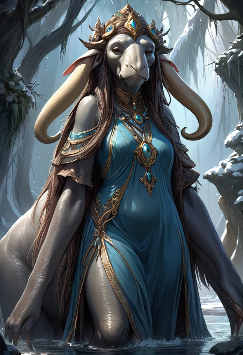 Brian Froud Inspired Beautiful Humanoid Creature. Cross Between A Wholly Mammoth And A walrus. femenine. Friendly And Inviting Looking. Exudes Good And Kindness. Wearing A 1920 Dress. Official Art, Award Winning Digital Painting, Digital Illustration, Extreme Detail, 4k, Ultra Hd, Rococo, Polished, Intricate, Realistic Fantasy Art, Sharp Focus, Concept Art, Art By Wlop, Artgerm, (2d Vector Illustration)