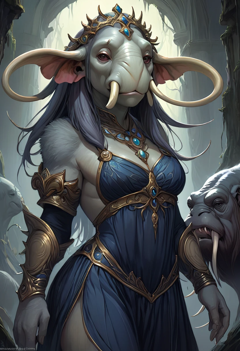 Brian Froud Inspired Beautiful Humanoid Creature. Cross Between A Wholly Mammoth And A walrus. femenine. Friendly And Inviting Looking. Exudes Good And Kindness. Wearing A 1920 Dress. Official Art, Award Winning Digital Painting, Digital Illustration, Extreme Detail, 4k, Ultra Hd, Rococo, Polished, Intricate, Realistic Fantasy Art, Sharp Focus, Concept Art, Art By Wlop, Artgerm, (2d Vector Illustration)