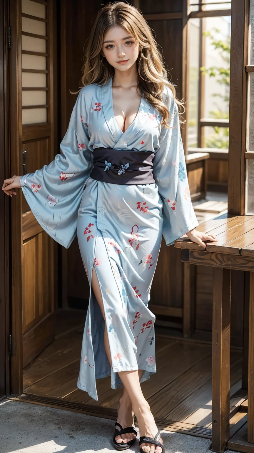 ((Highest quality, Tabletop, Ultra-high resolution、The most complex and detailed depiction))、(Bright lighting:1.1)、(One beautiful woman:1.1)、(Very light wavy hair:1.5)、(((Patterned micro mini kimono、Patterned micro mini yukata、geta)),、最高のsmile:1.5，Full Body Shot:1.5，Gray background:1.5，Blonde wavy hair:1.8,Random Blonde:1.8,Curly Hair:1.8,Long Hair:1.5,sleek bangs:1.8,Large Breasts:1.2,Gal,Sunburned skin:1.9,Thin fingers:1.5,smile:1.5,The whites of the eyes are clear:1.8,Long, slender legs:1.8,Calves are thin and long:1.8,Thin ankles:1.8,Thick thighs,Tall:1.3,Centered:1.5,Cleavage:1.5,Light blue yukata,