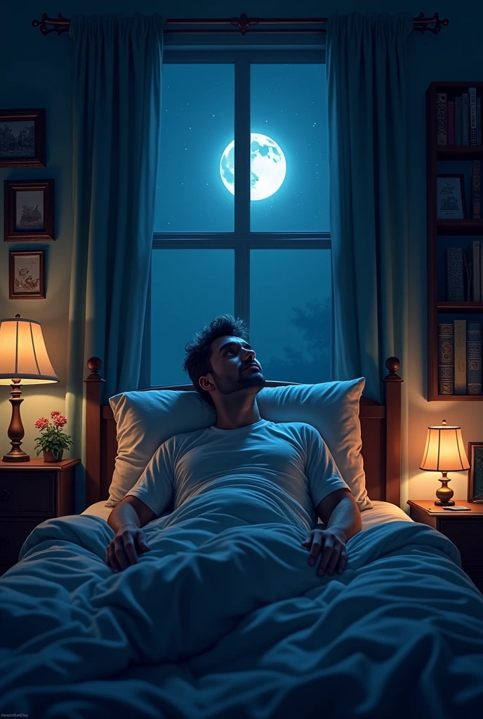Un homme qui est couche sur son lit pa dan la nuit