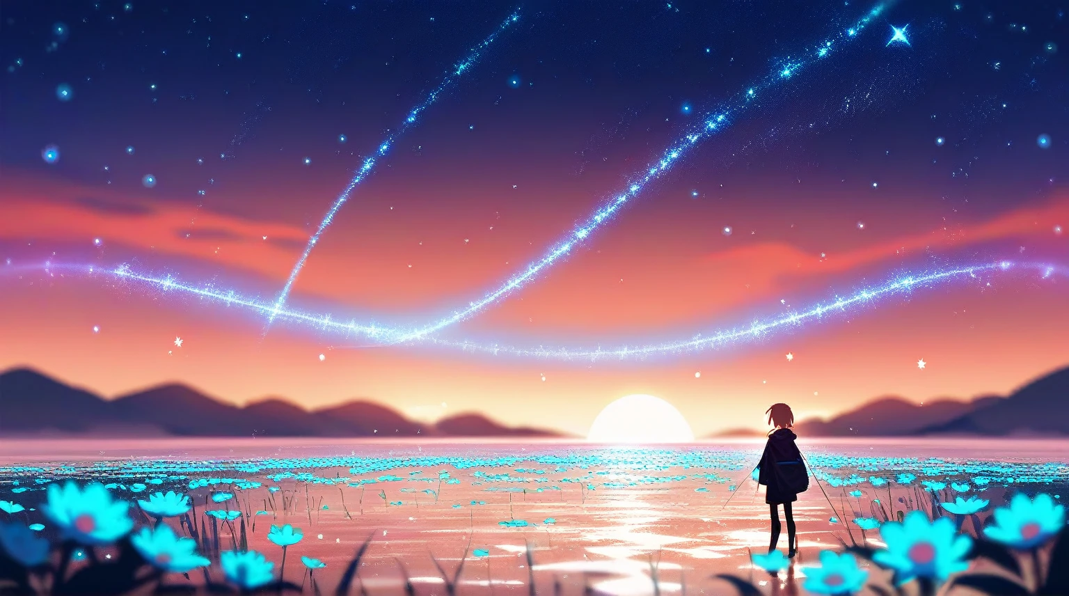 Small blue flowers growing in the starry water,Sunset,Movie lighting,Blurred foreground,Ray Tracing,Concept map,Sunset,Light Particles