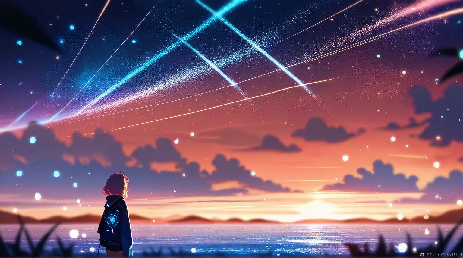 Small blue flowers growing in the starry water,Sunset,Movie lighting,Blurred foreground,Ray Tracing,Concept map,Sunset,Light Particles
